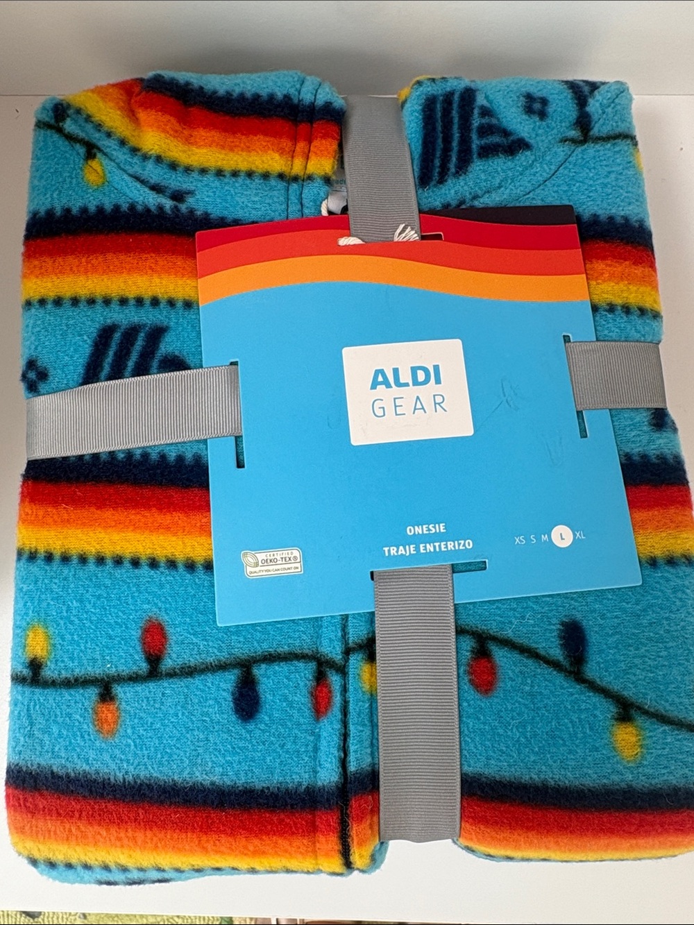 ALDI Gear Fleece Onesie - Bright Blue with Rainbow Stripe & Lights